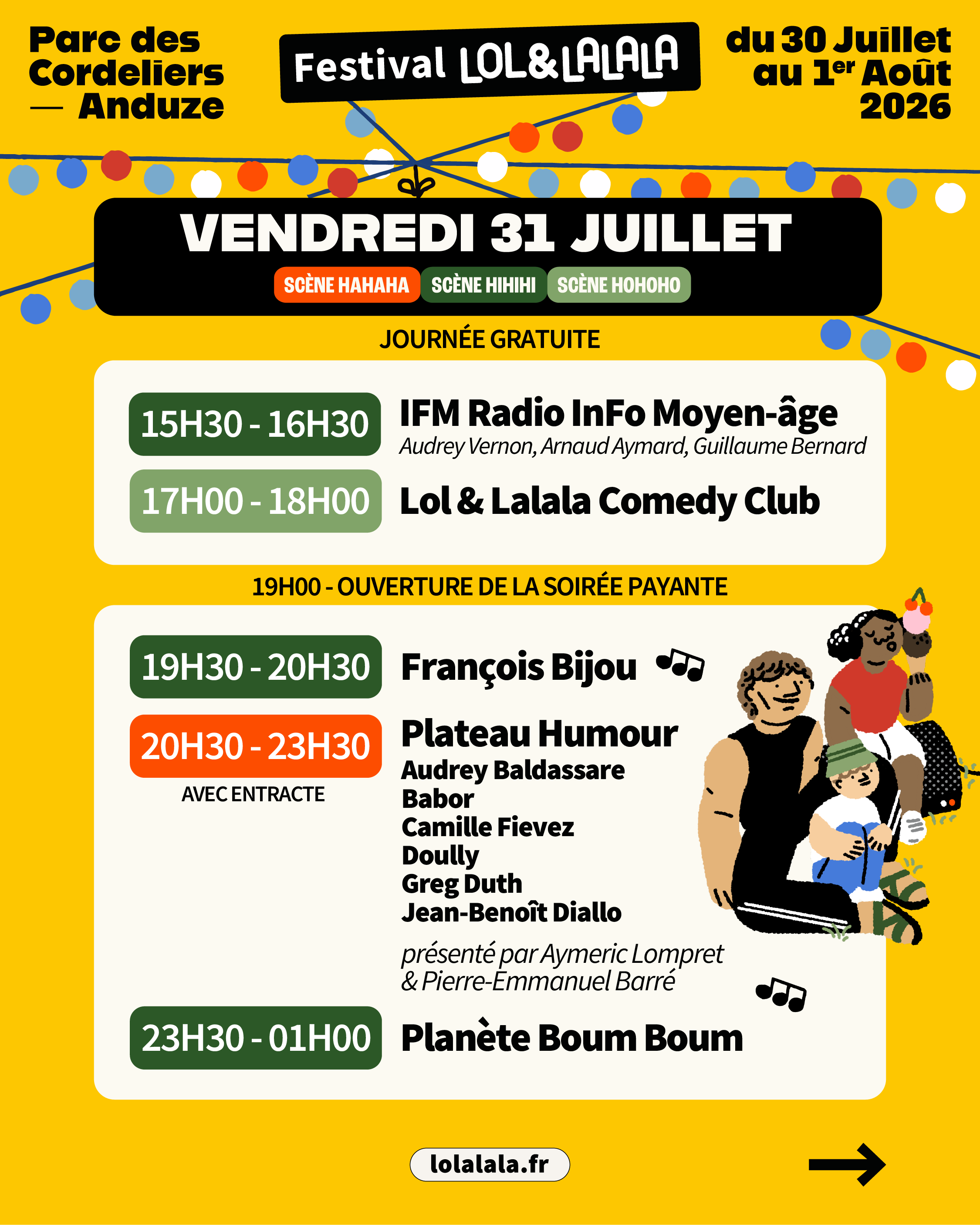 Programmation du vendredi 31 juillet — festival LOL & Lalala 2026