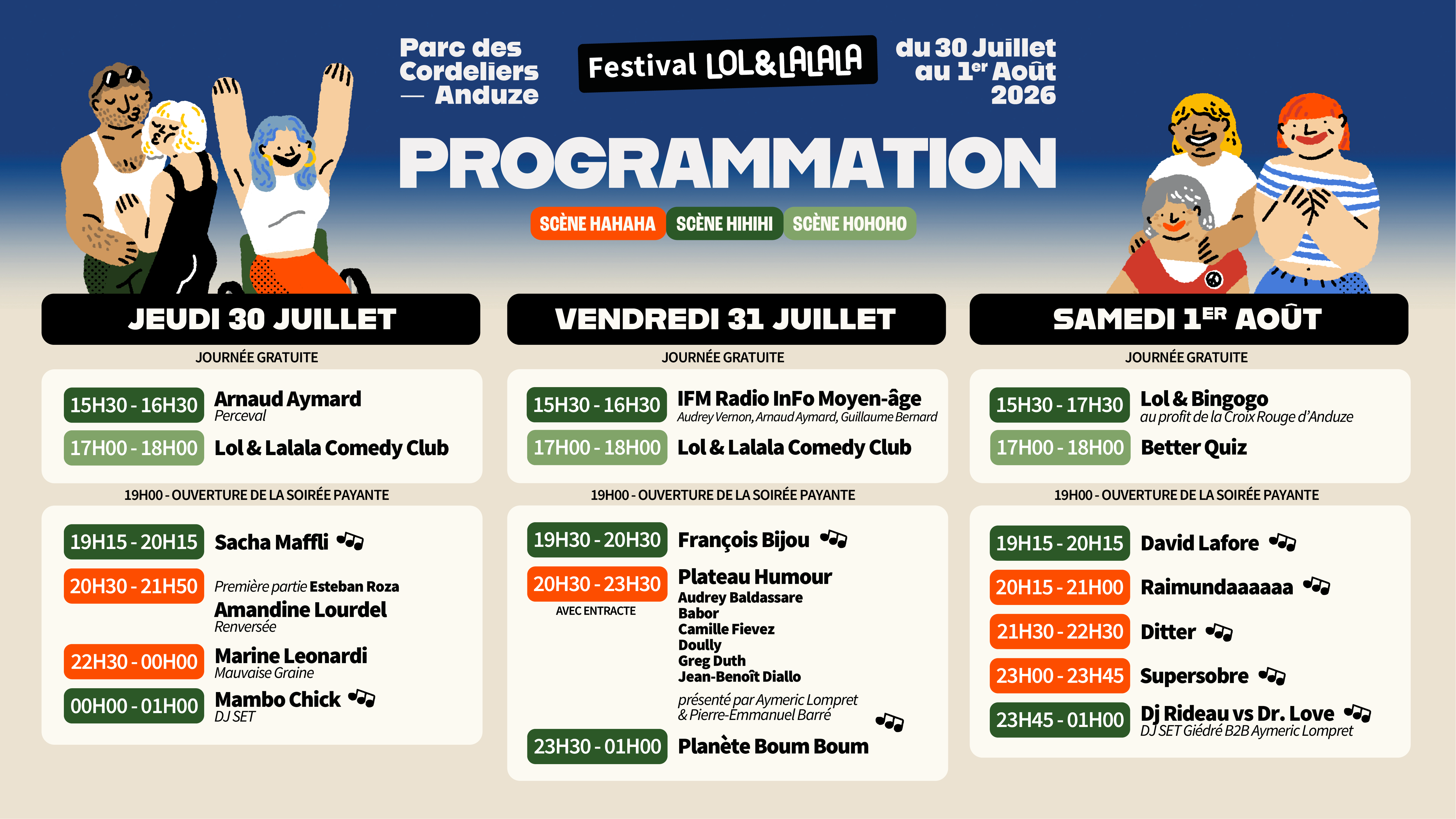 Programmation complète du festival LOL & Lalala 2026 — jeudi 30 juillet, vendredi 31 juillet, samedi 1er août