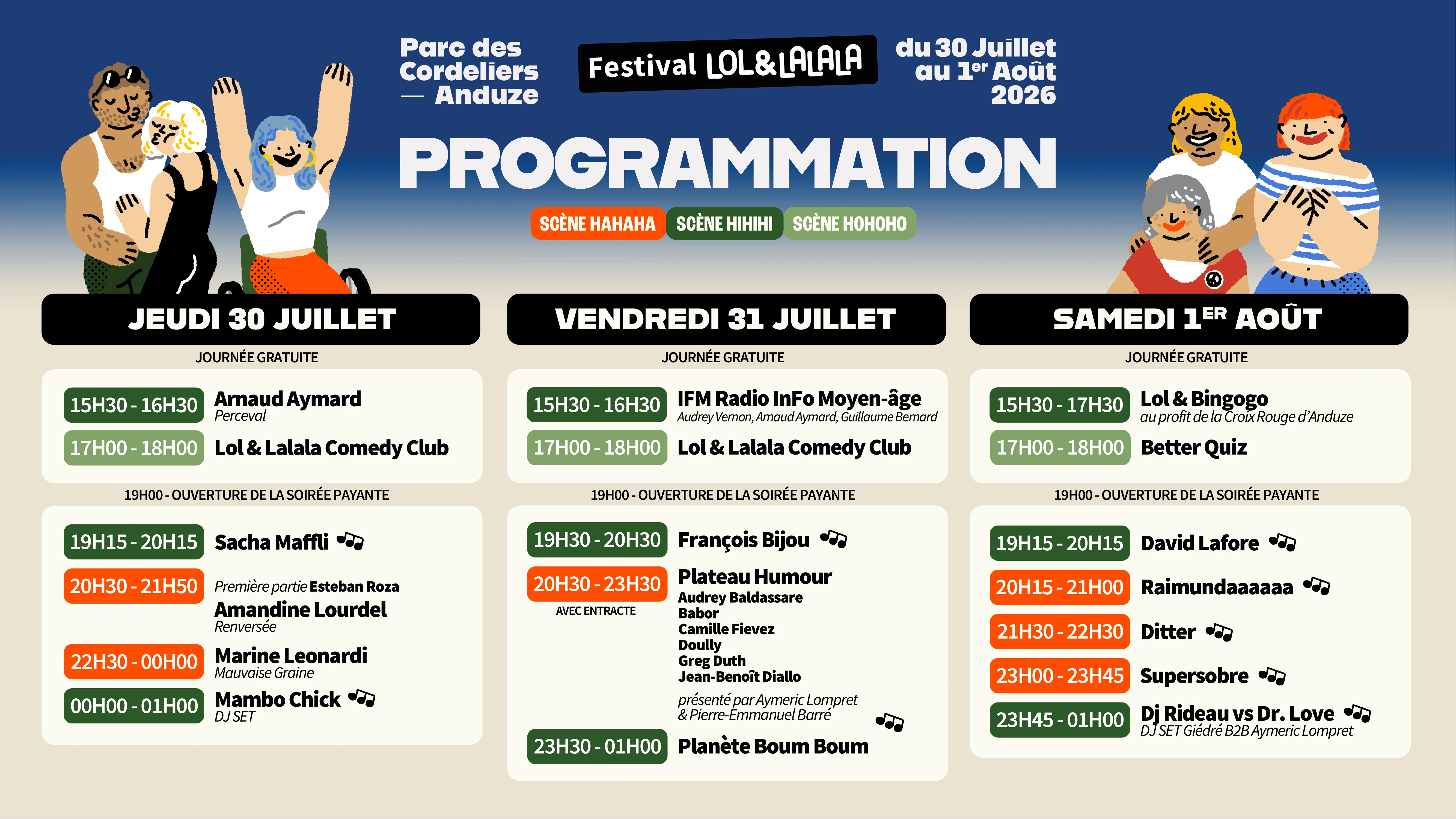Programmation complète du festival LOL & Lalala 2026 — jeudi 30 juillet, vendredi 31 juillet, samedi 1er août
