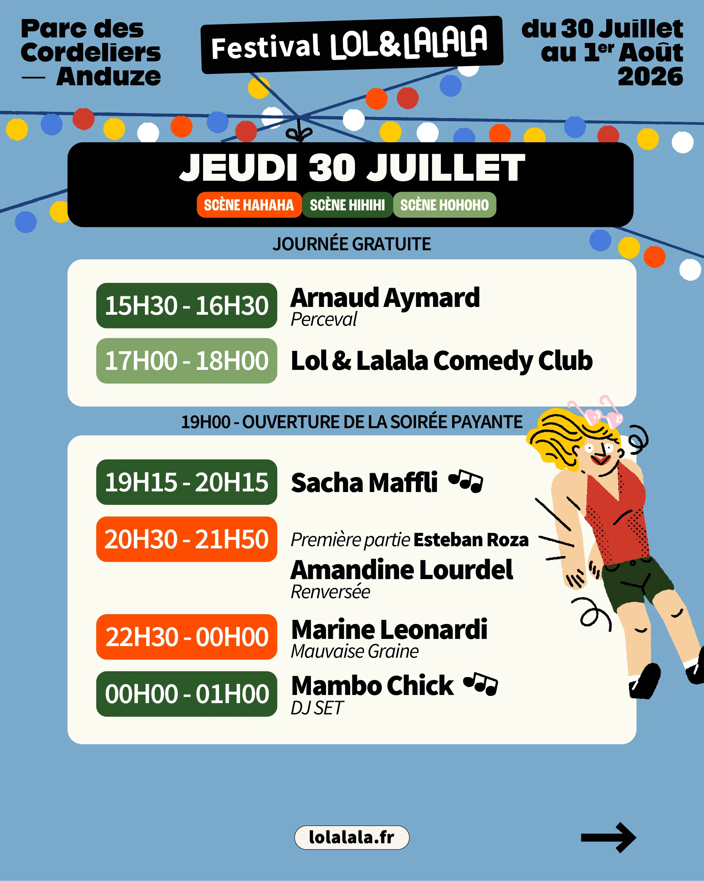 Programmation du jeudi 30 juillet — festival LOL & Lalala 2026