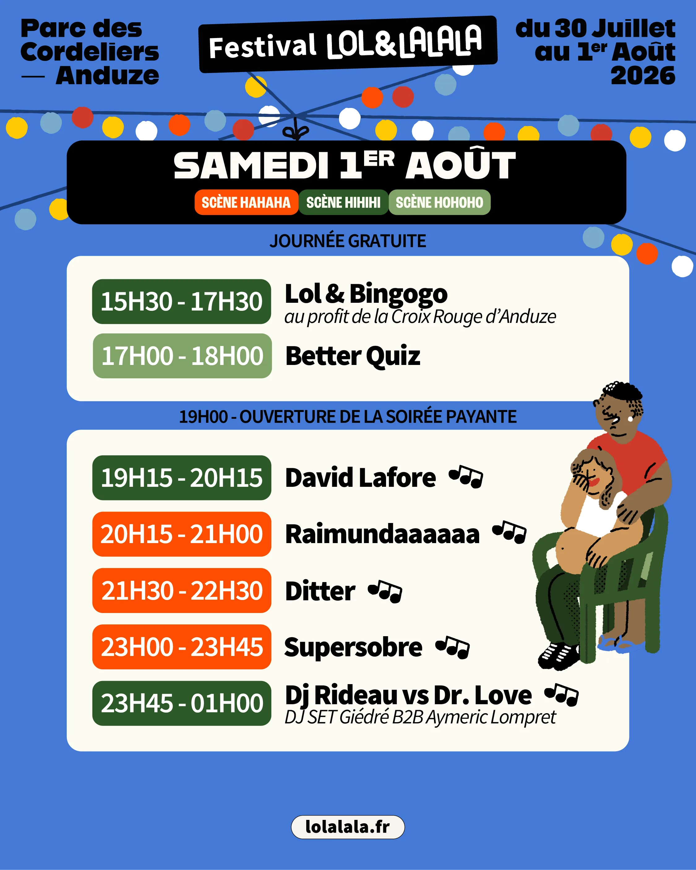 Programmation du samedi 1er août — festival LOL & Lalala 2026