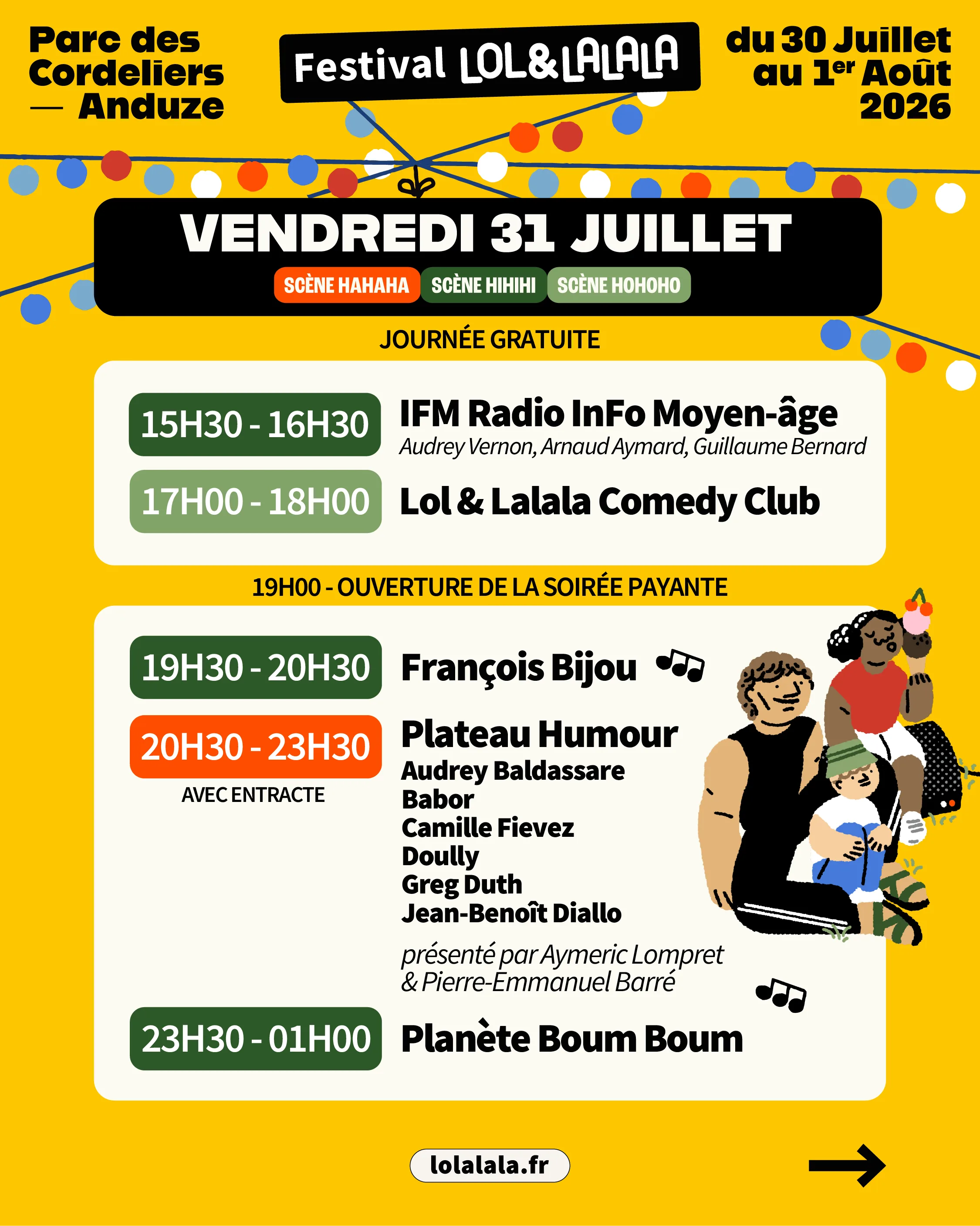 Programmation du vendredi 31 juillet — festival LOL & Lalala 2026